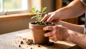 A small potted plant being transplanted into a much larger planter on a wooden workbench