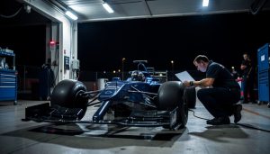 An open-wheel race car under bright inspection lights in a pit garage with a mechanic and laptop