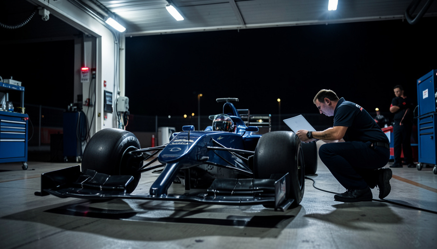 An open-wheel race car under bright inspection lights in a pit garage with a mechanic and laptop