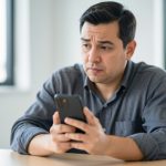 A person at a desk holding a smartphone and looking at it with a puzzled, thoughtful expression