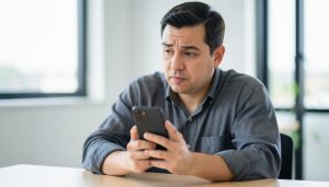 A person at a desk holding a smartphone and looking at it with a puzzled, thoughtful expression