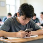 A teenage student looking at a smartphone held low under a school desk during class