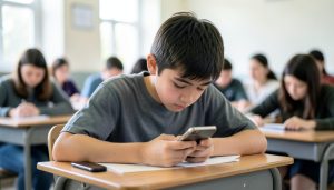 A teenage student looking at a smartphone held low under a school desk during class
