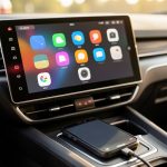 A car dashboard touchscreen showing a CarPlay-style app grid with a phone connected by a USB-C cable in the console