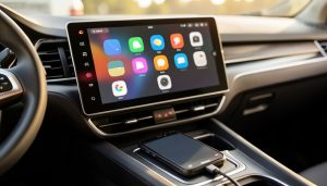 A car dashboard touchscreen showing a CarPlay-style app grid with a phone connected by a USB-C cable in the console