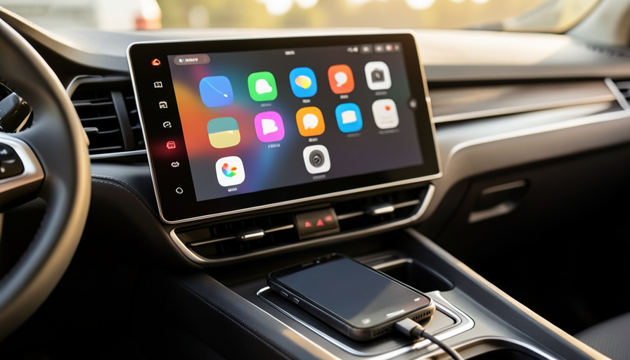 A car dashboard touchscreen showing a CarPlay-style app grid with a phone connected by a USB-C cable in the console