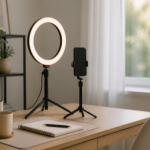 A content creator's desk with a ring light, a phone on a tripod, and a notebook