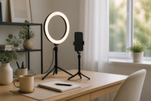 A content creator's desk with a ring light, a phone on a tripod, and a notebook