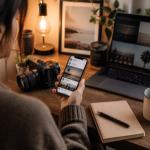 A content creator's desk with a smartphone, camera, notebook, and laptop