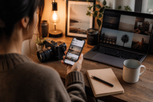 A content creator's desk with a smartphone, camera, notebook, and laptop