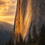 A vast granite cliff face at golden hour with a tiny distant climber silhouette