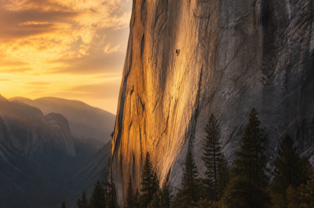 A vast granite cliff face at golden hour with a tiny distant climber silhouette