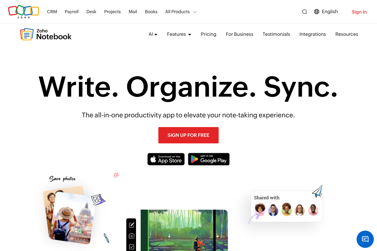 Zoho Notebook homepage