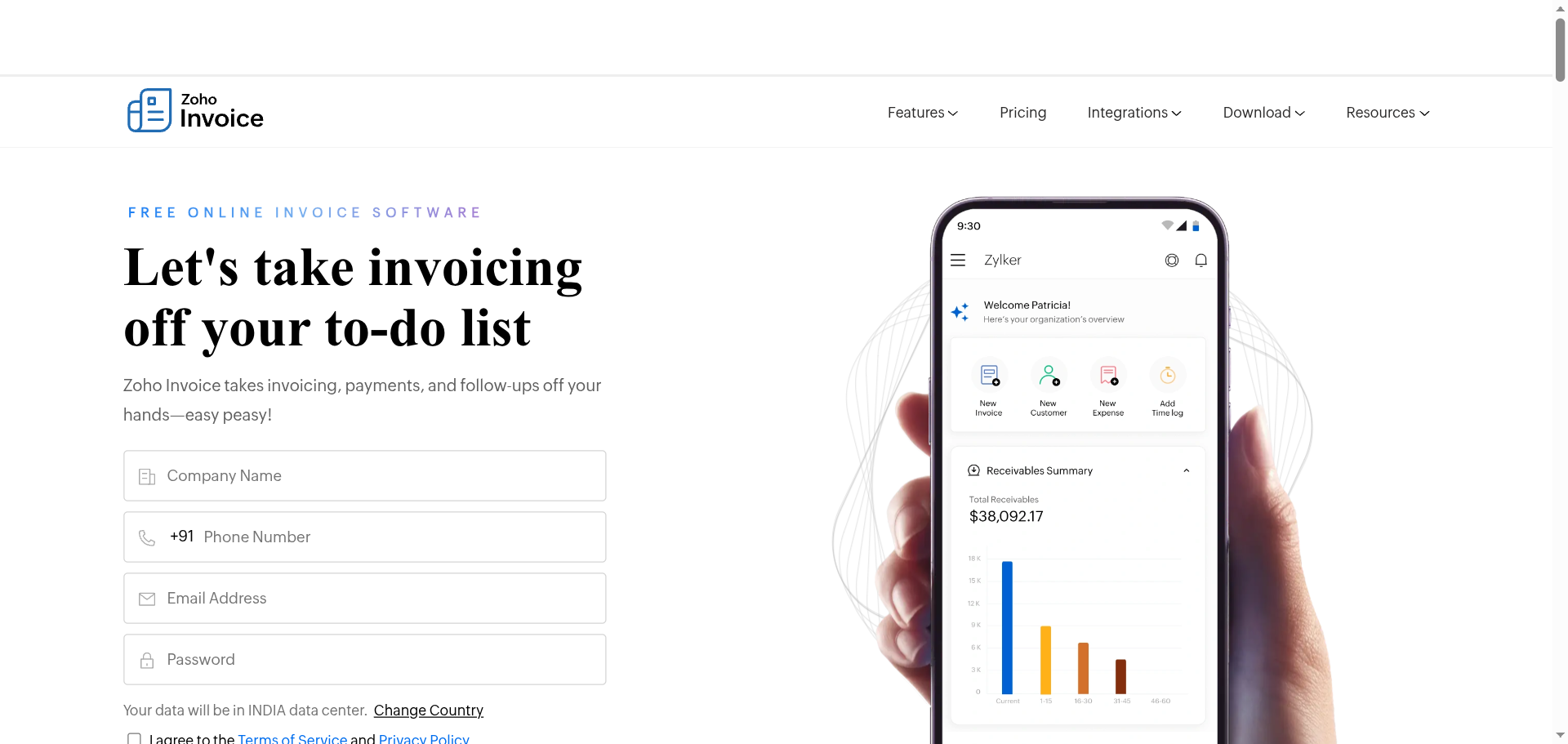 Zoho Invoice free online invoice software product page with a mobile app preview